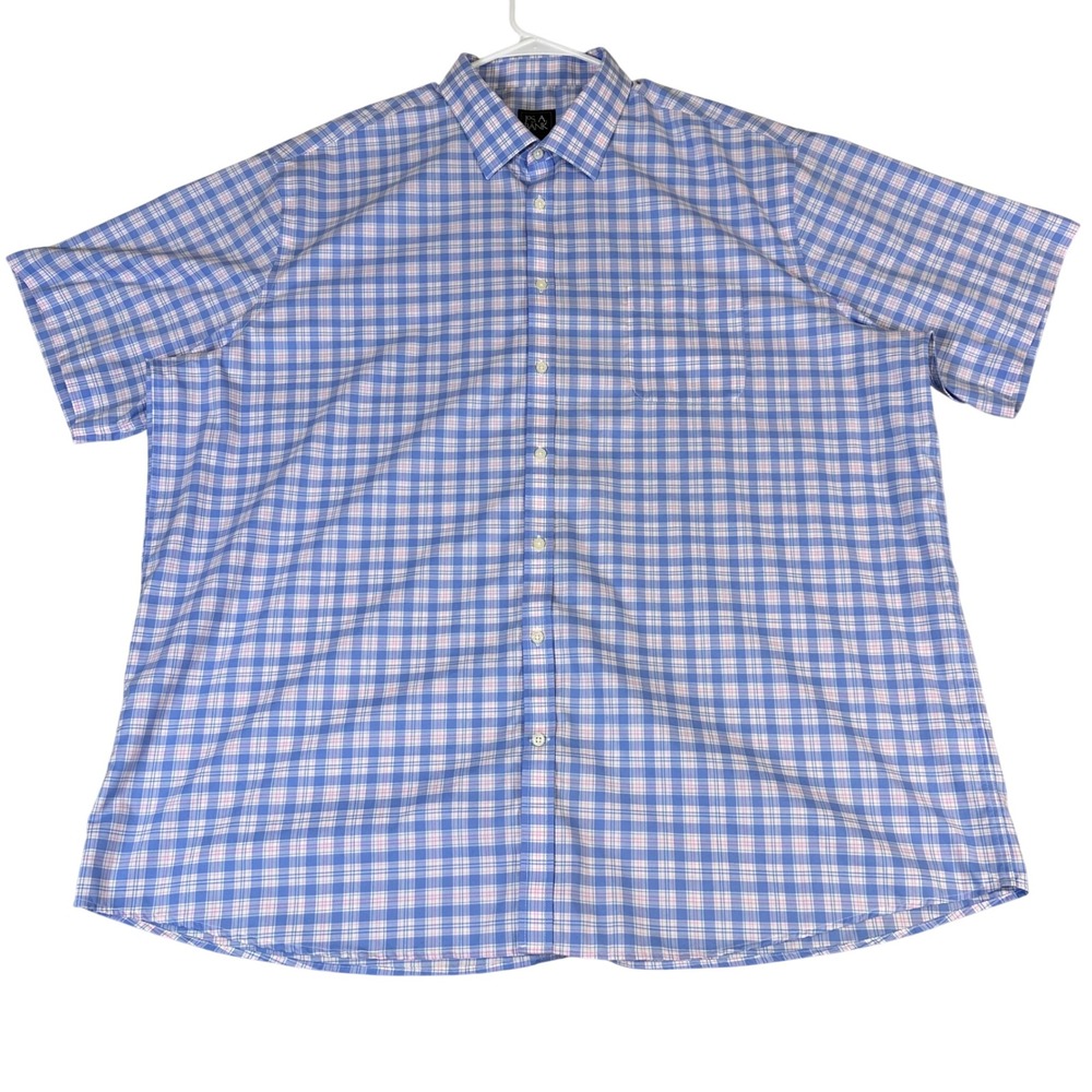 Jos. A. Bank Traveler Shirt Mens 2X Tailored Fit Blue Pink Plaid Short Sleeve